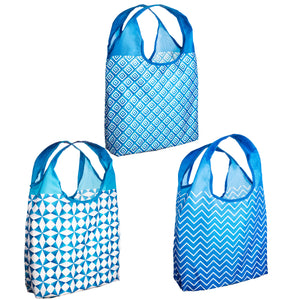 O-WITZ 3-Pack Reusable Shopping Bags Geometric Blue Prints