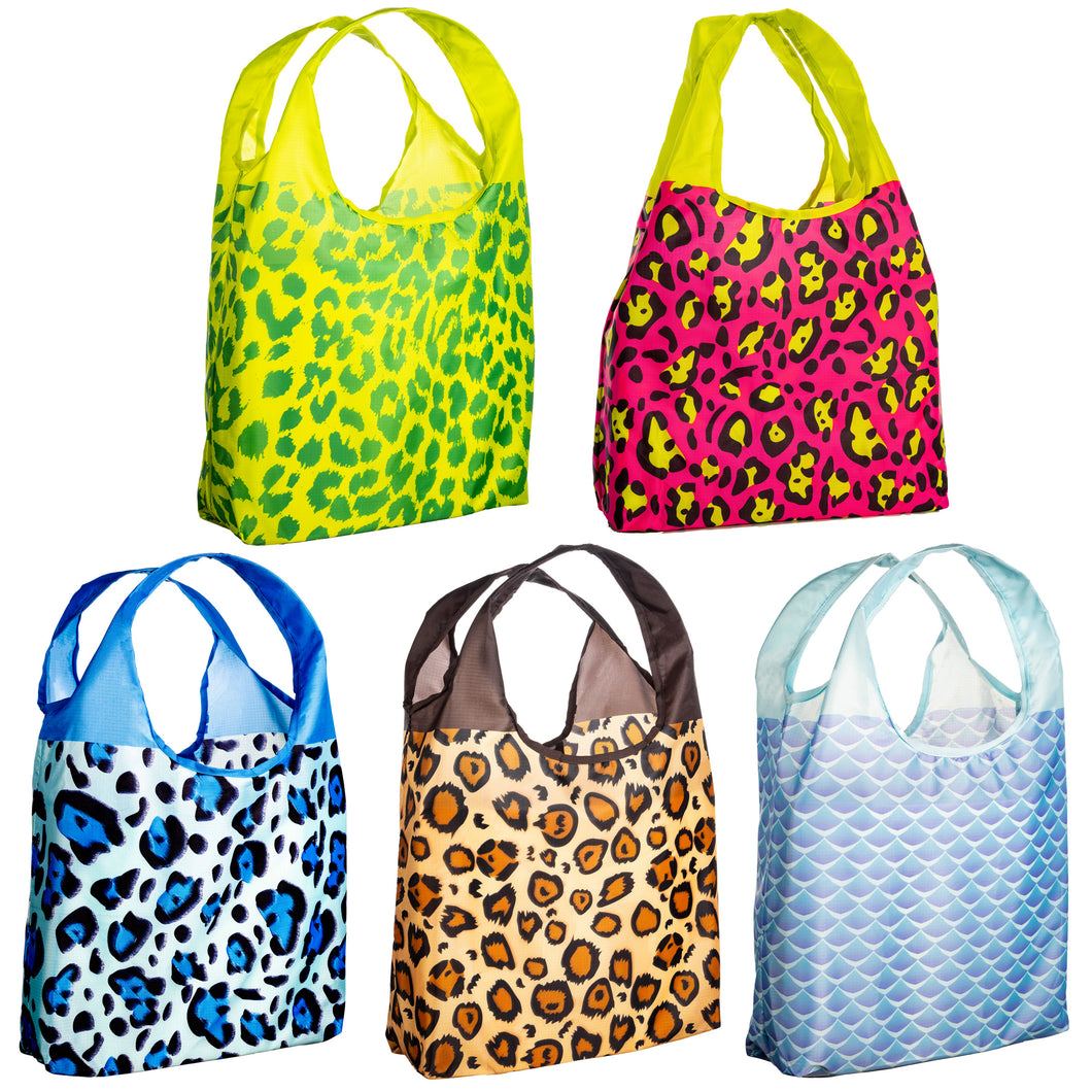 O-WITZ 5-Pack Reusable Shopping Bags Cheetah & Fish Prints